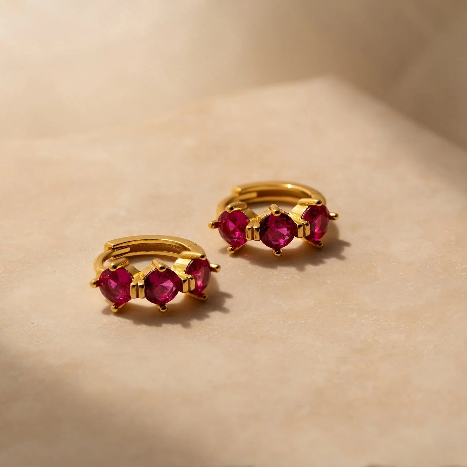 Triple Ruby Huggies Silver 18K Gold Plated