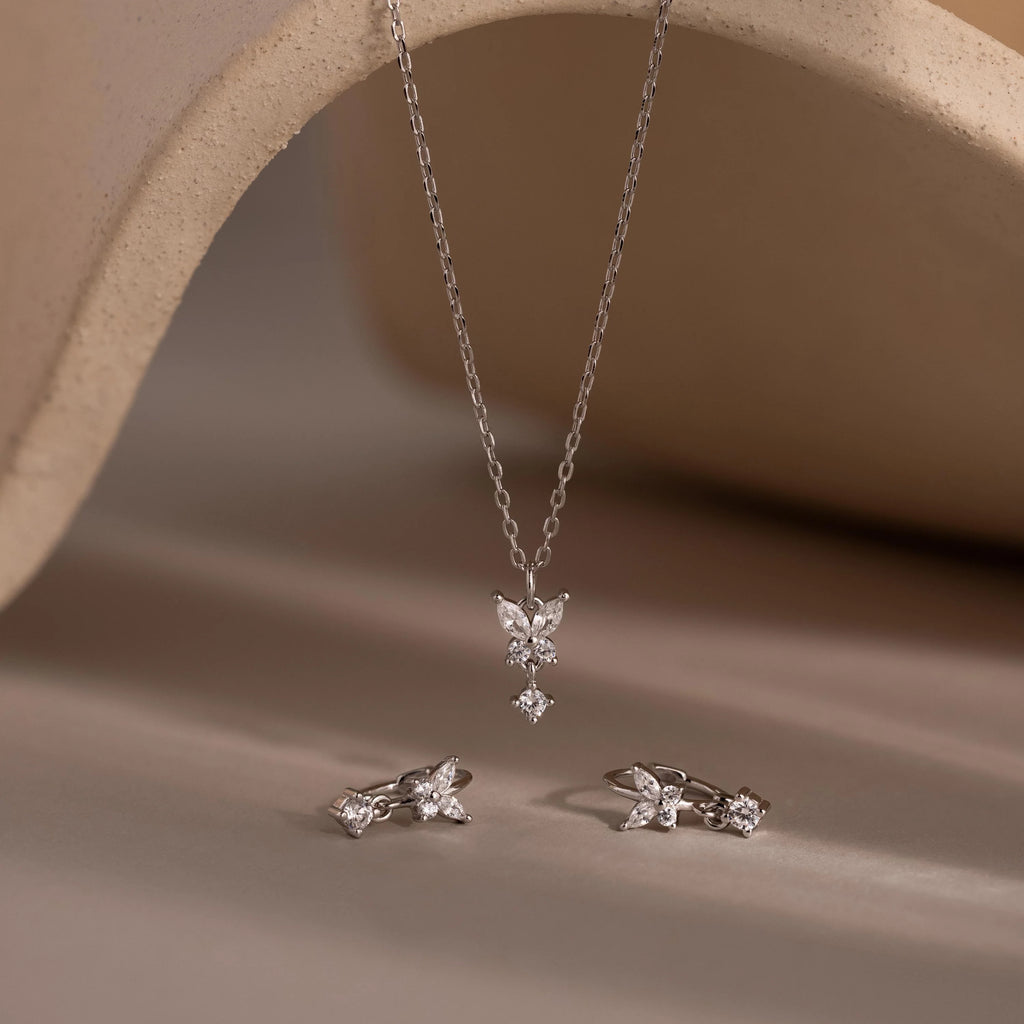 Diamond Butterfly Necklace & Earrings Set Silver 18K Gold Plated