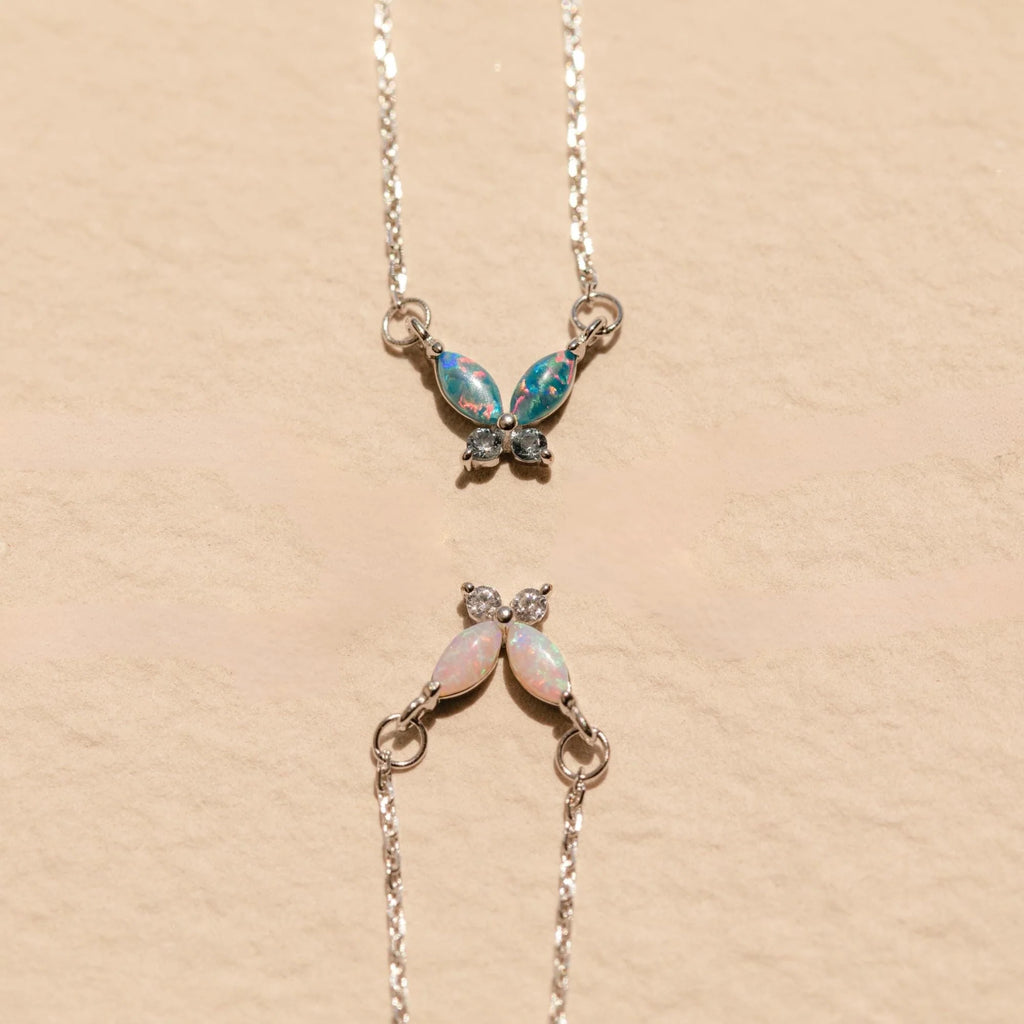 Opal Butterfly Necklace Set Silver 18K Gold Plated