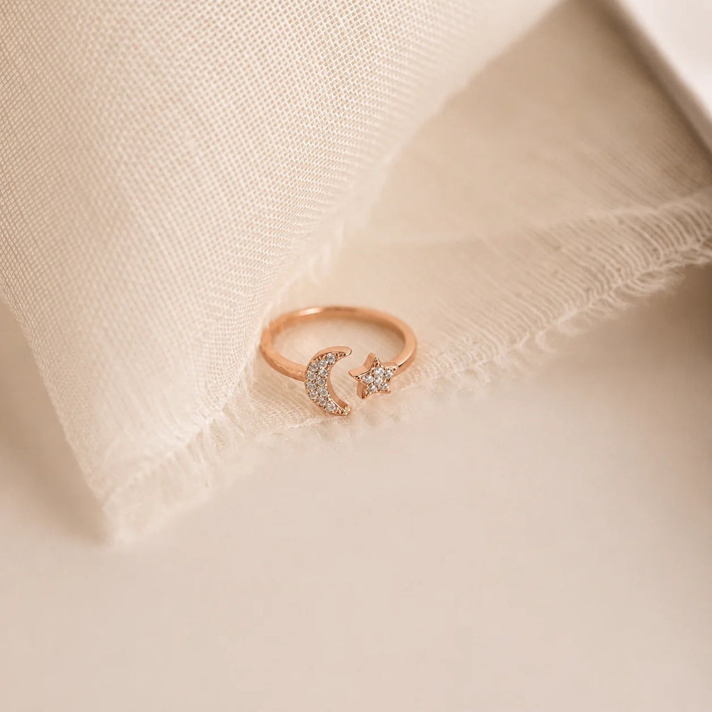 Pave Star and Moon Ring: Sterling Silver with 18K Gold Finish and Celestial Design