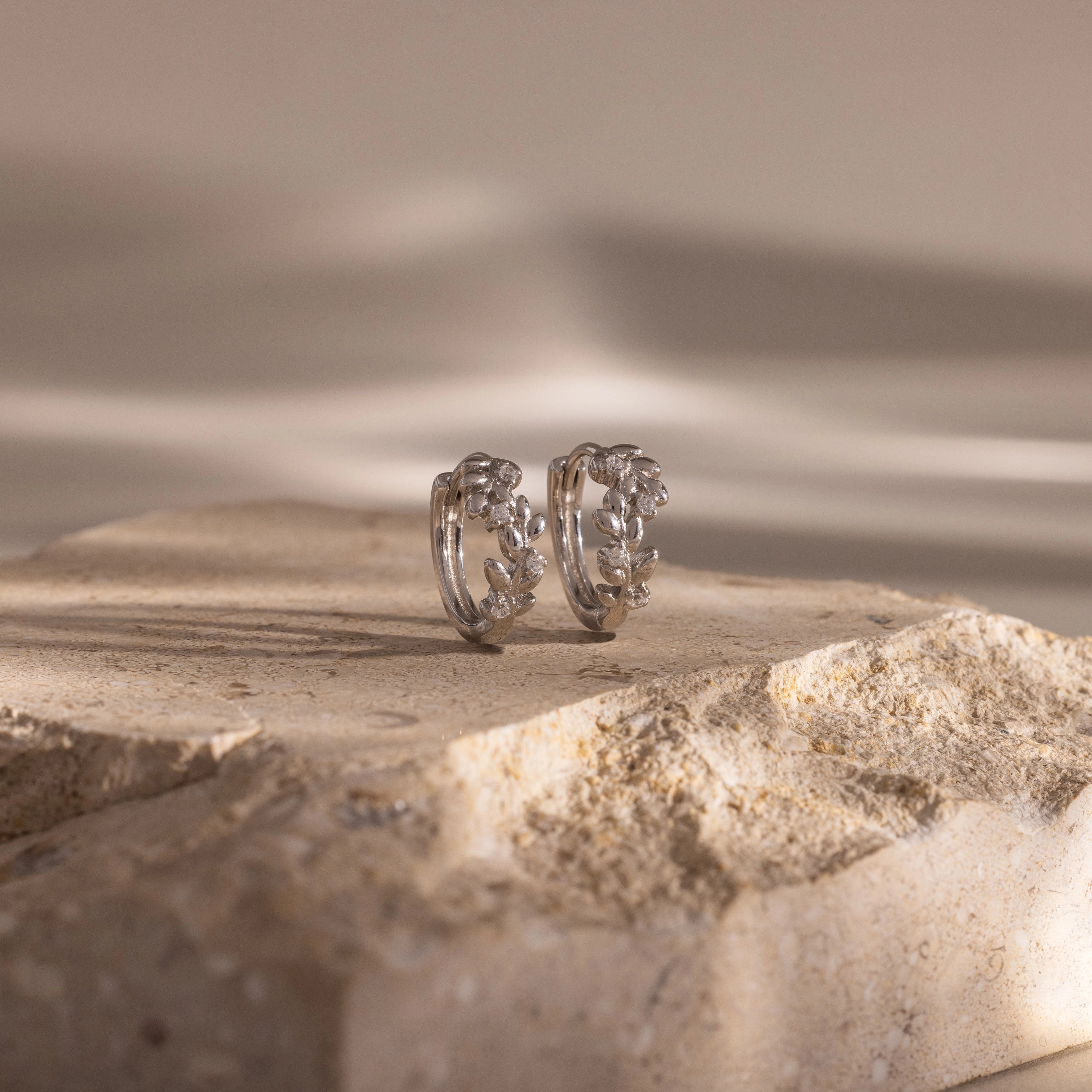 Diamond Leaf Hoops Silver 18K Gold Plated