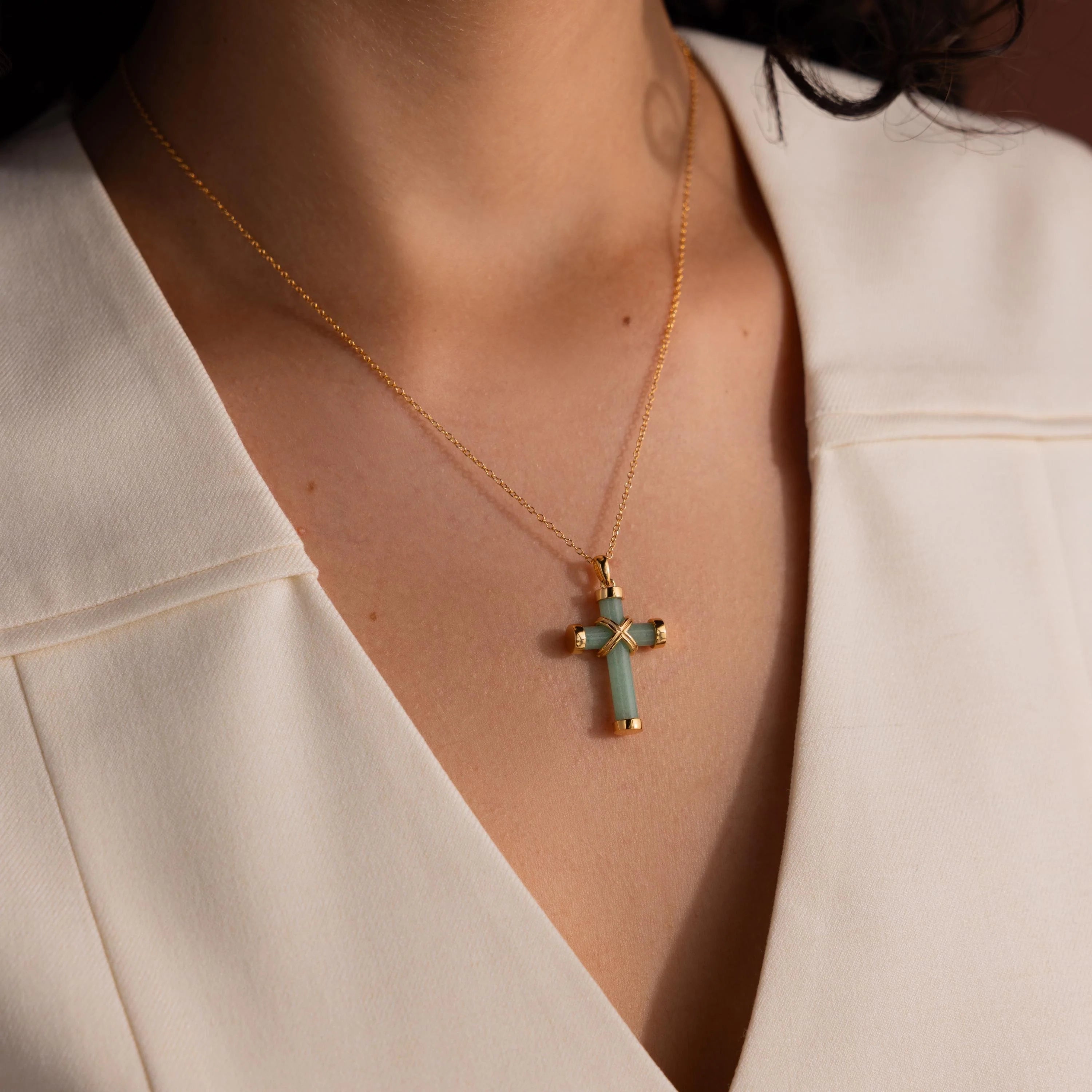 Jade Cross Necklace Silver 18K Gold Plated