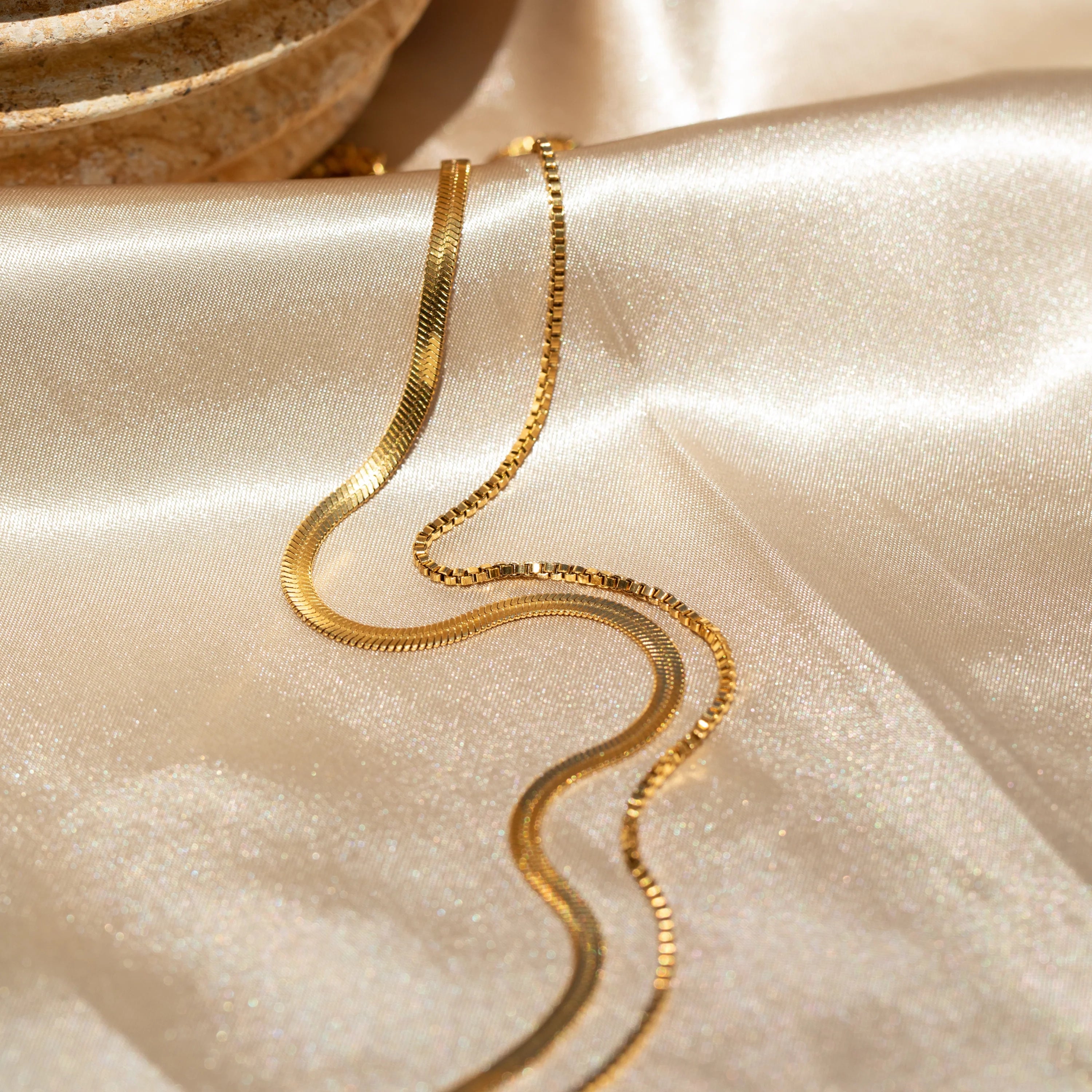 Herringbone Duo Chain Necklace Silver 18K Gold Plated