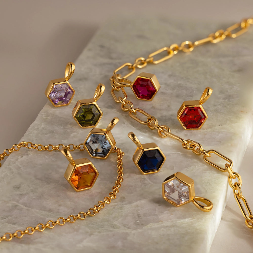 Hexagon Birthstone Charm Silver 18K Gold Plated