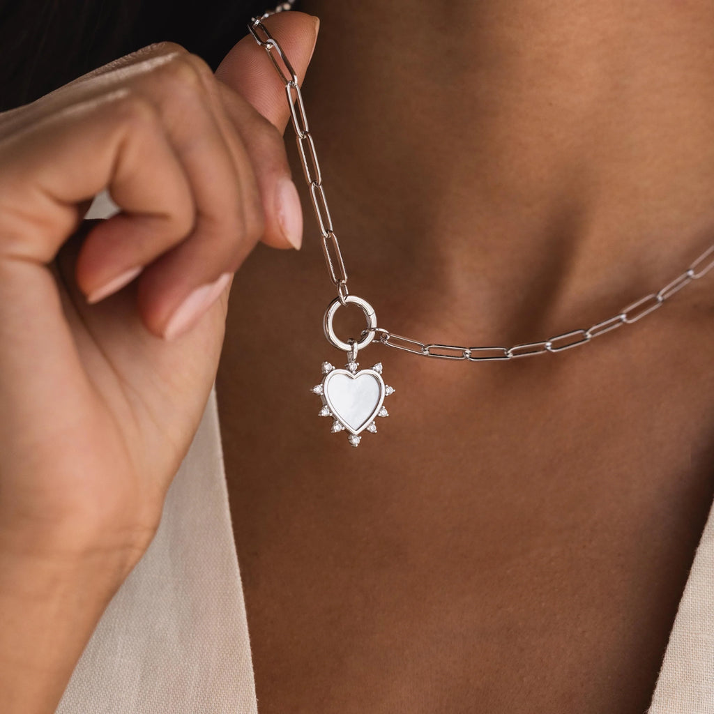 Pave Pearl Heart Charm Silver 18K Gold Plated