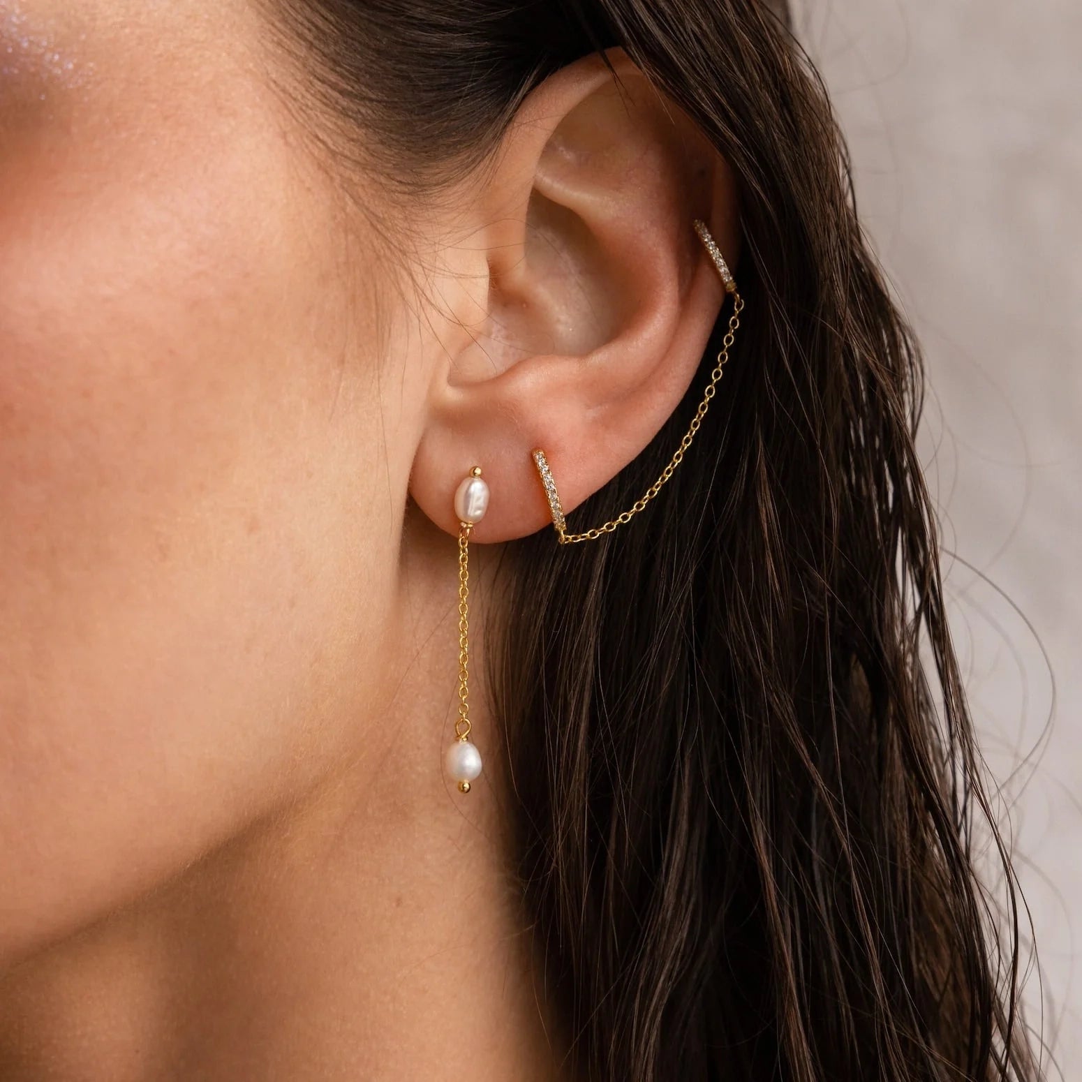 Pearl Drop Chain Earrings Silver 18K Gold Plated