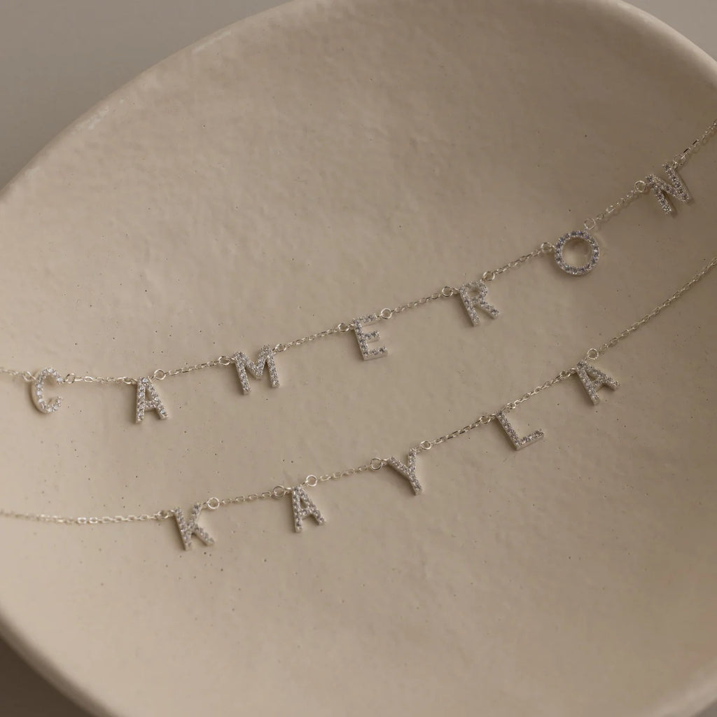 Pave Letter Necklace Silver 18K Gold Plated
