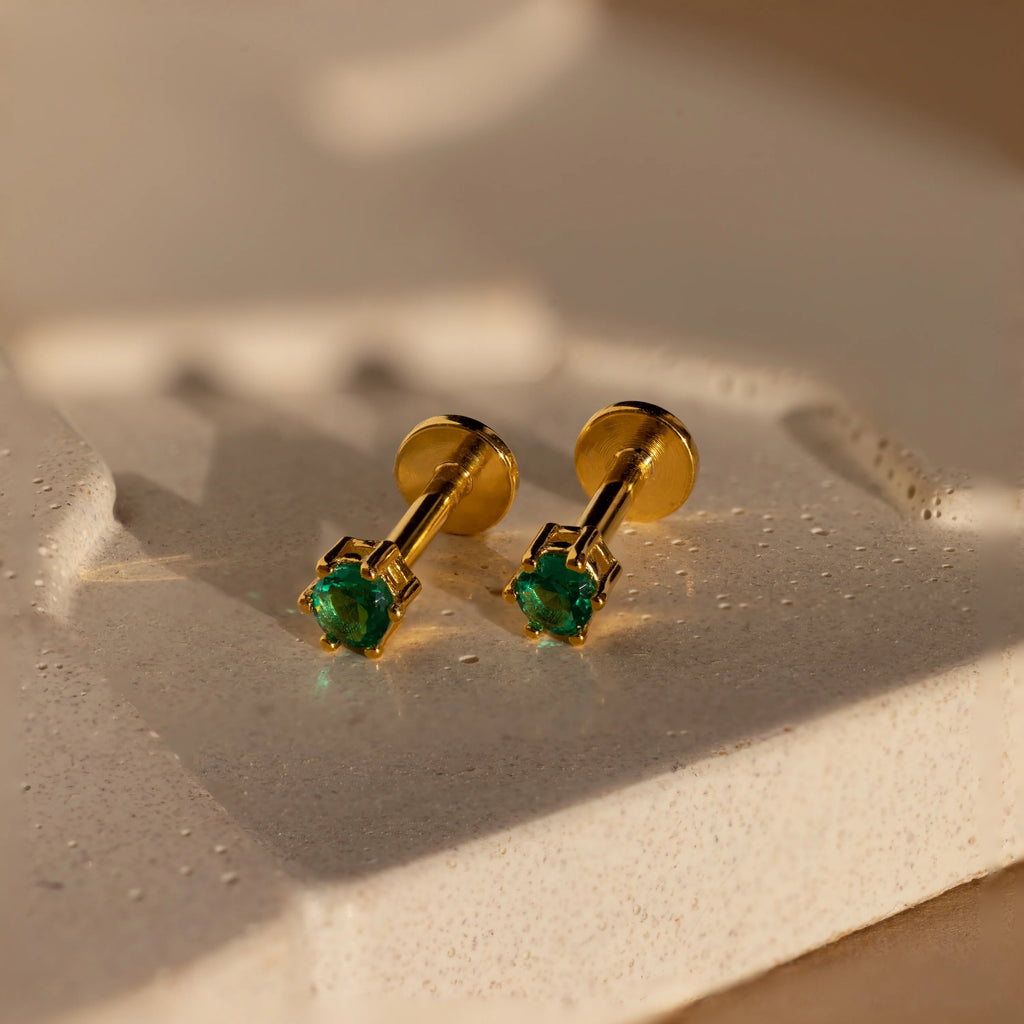 Emerald Flatback Studs Silver 18K Gold Plated