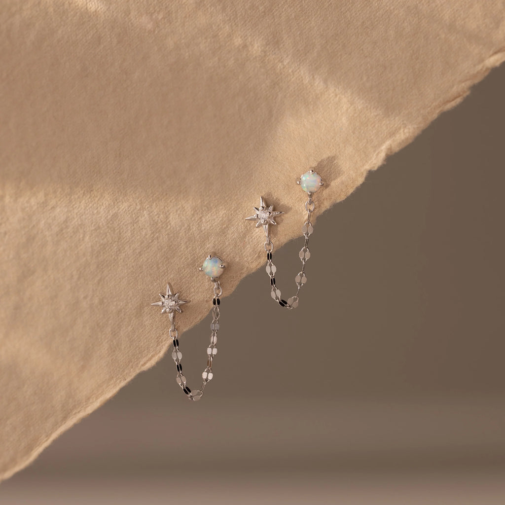 Opal & Star Duo Chain Studs  Silver 18K Gold Plated