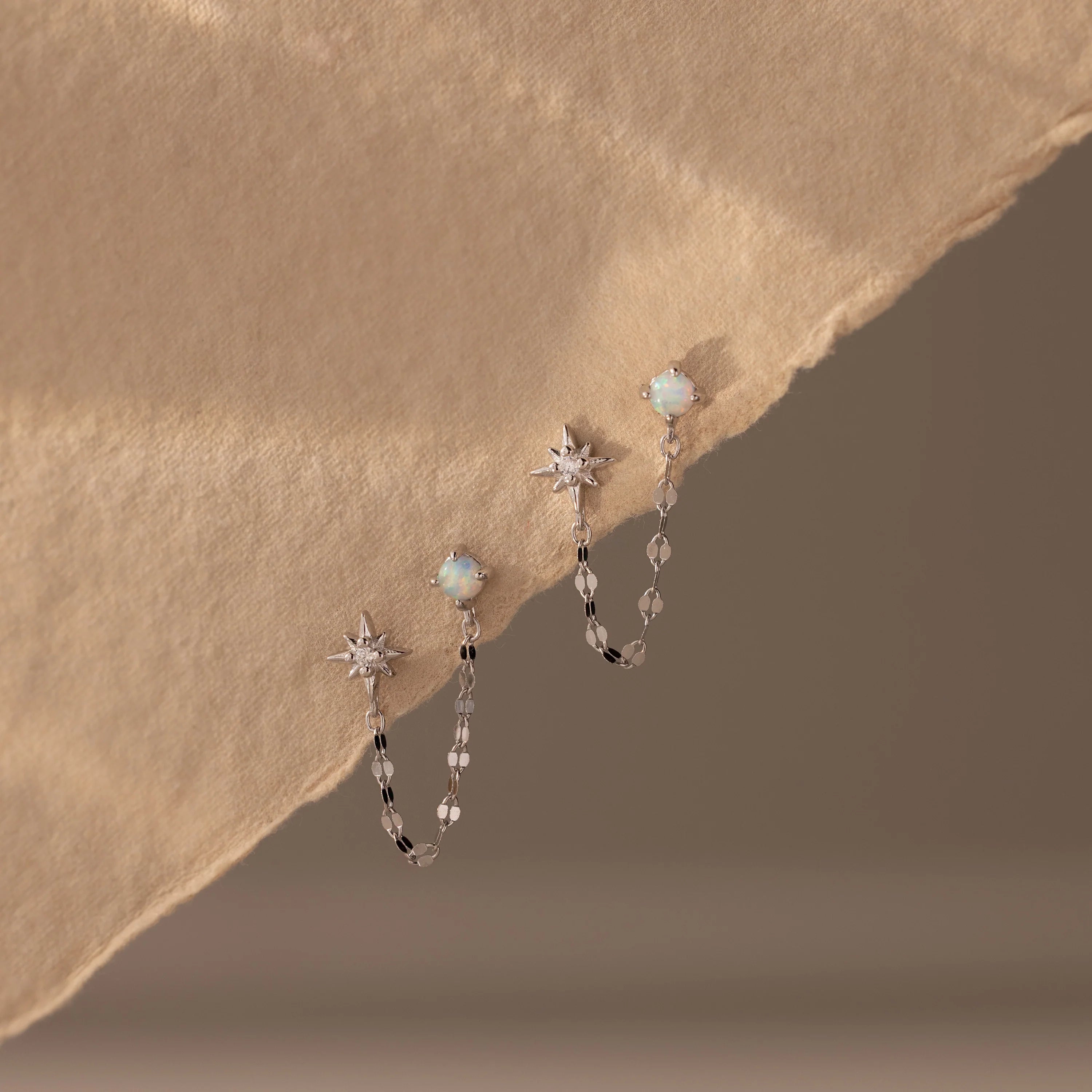 Opal & Star Duo Chain Studs  Silver 18K Gold Plated