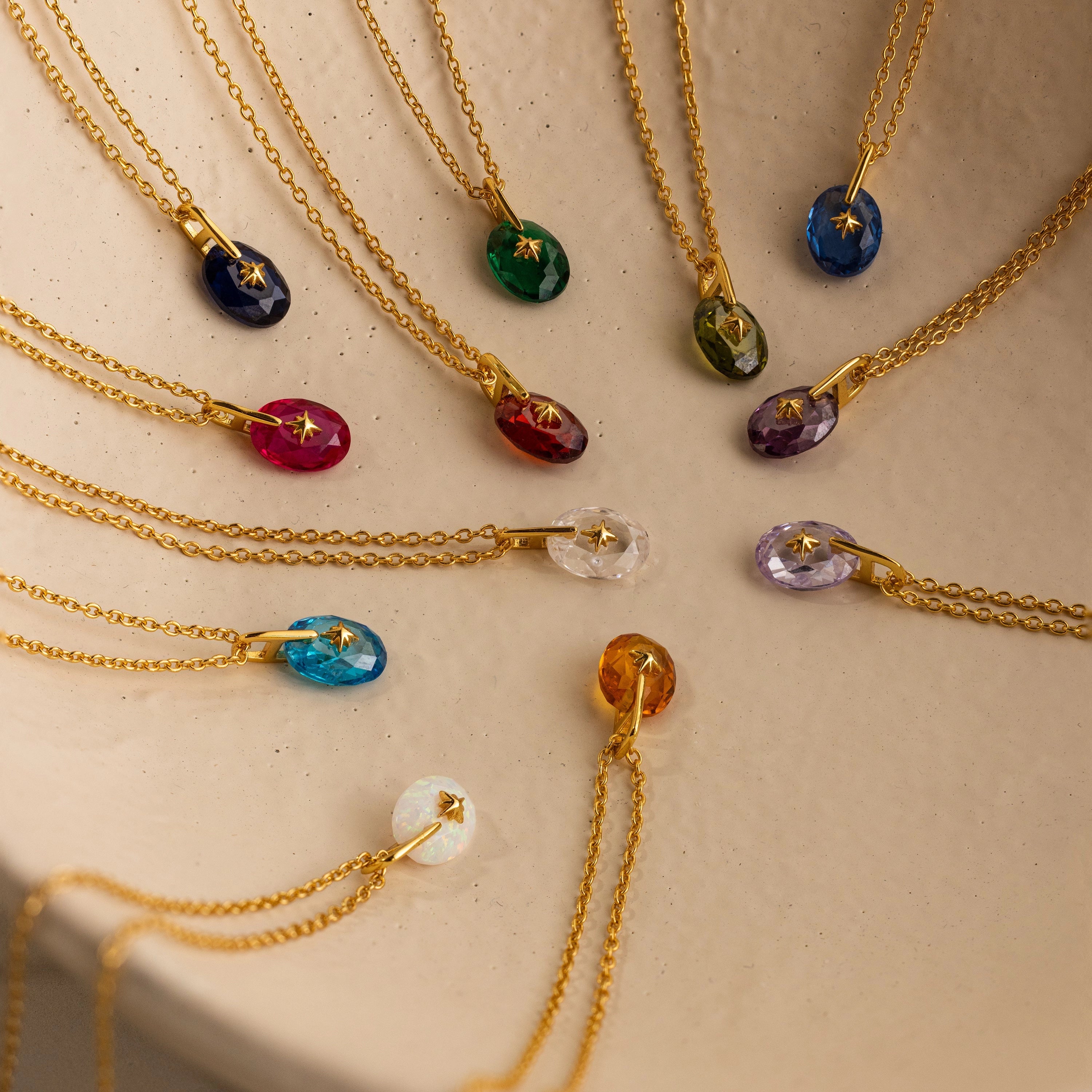 North Star Birthstone Signet Necklace in Aquamarine Silver 18K Gold Plated