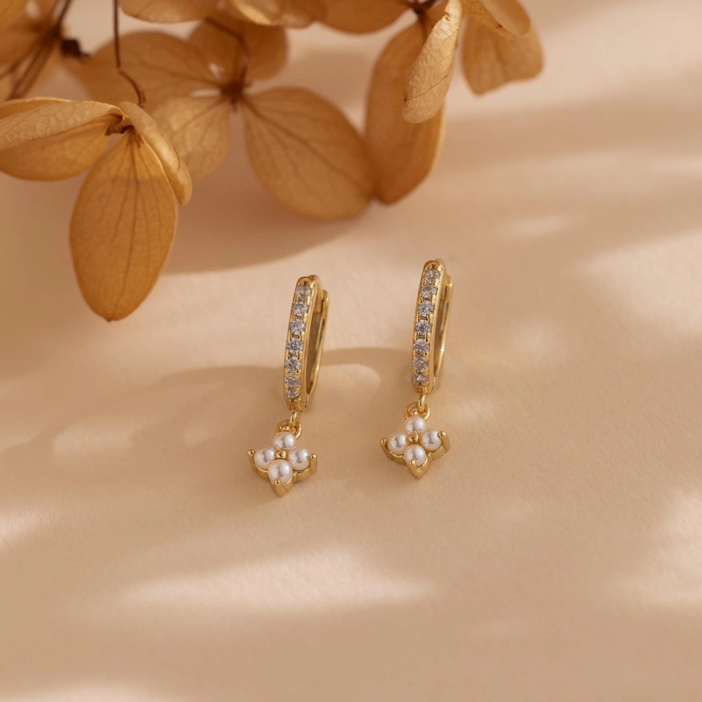 Pearl Ivy Flower Huggies Silver 18K Gold Plated