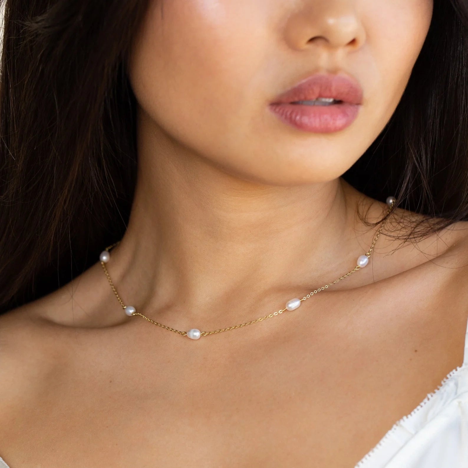 Anna Pearl Station Necklace Silver 18K Gold Plated
