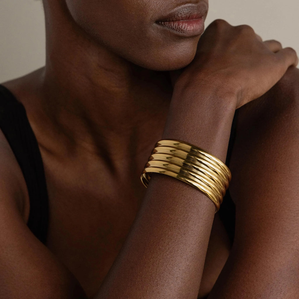 Ribbed Cuff Bracelet Silver 18K Gold Plated