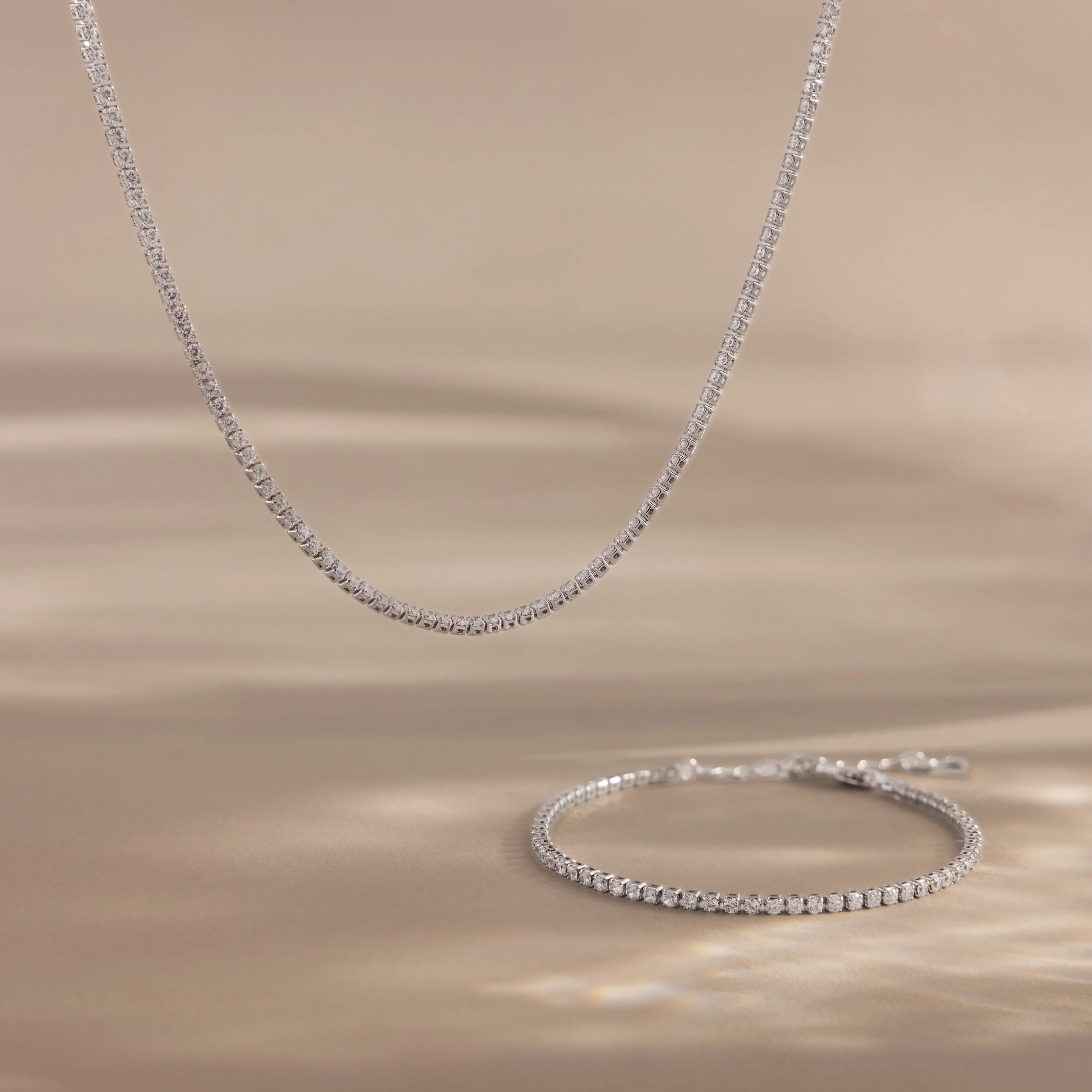 Diamond Tennis Necklace & Bracelet Set Silver 18K Gold Plated