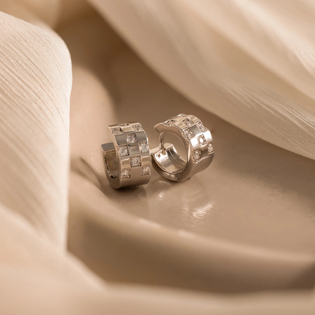 Pave Checkered Huggies Silver 18K Gold Plated