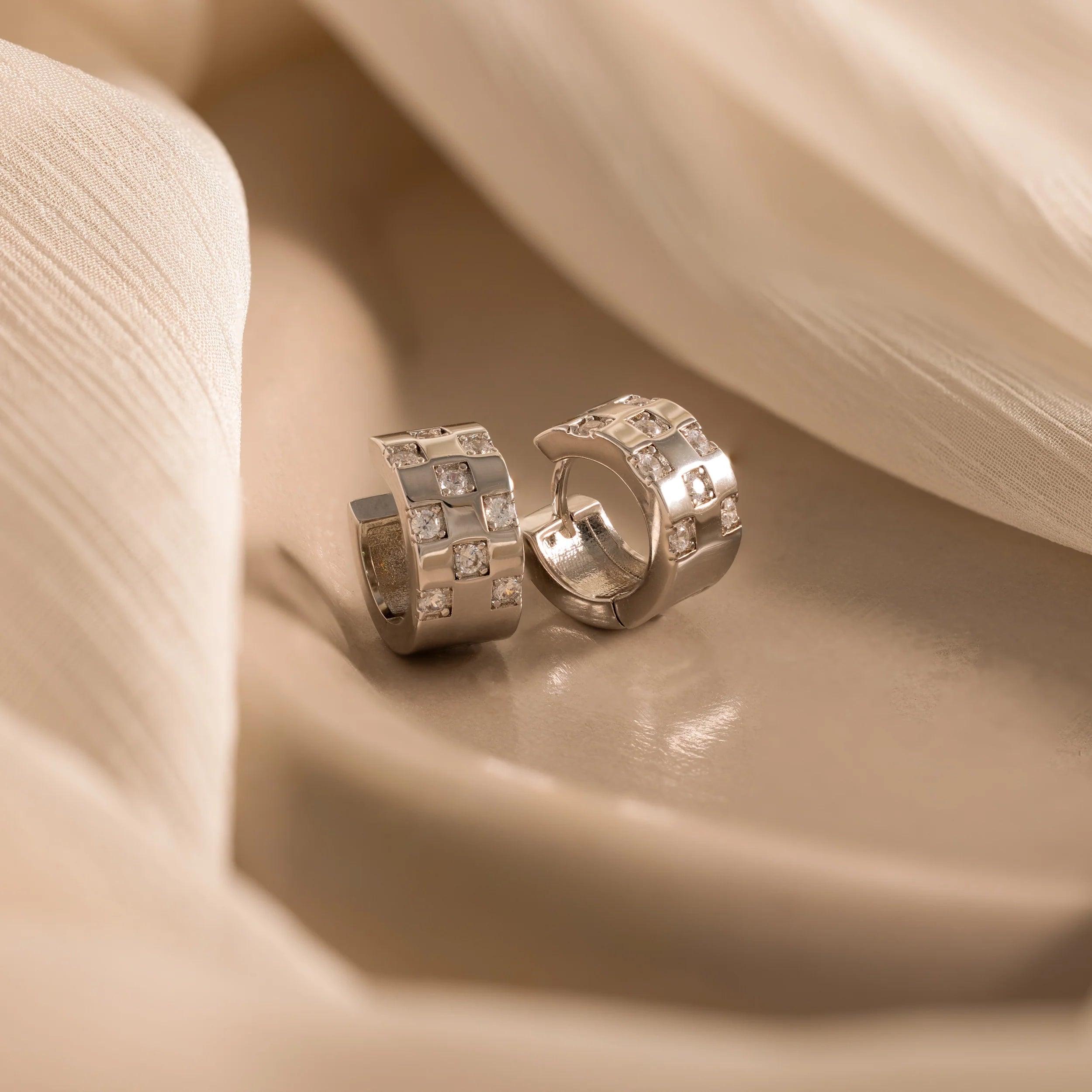 Pave Checkered Huggies Silver 18K Gold Plated