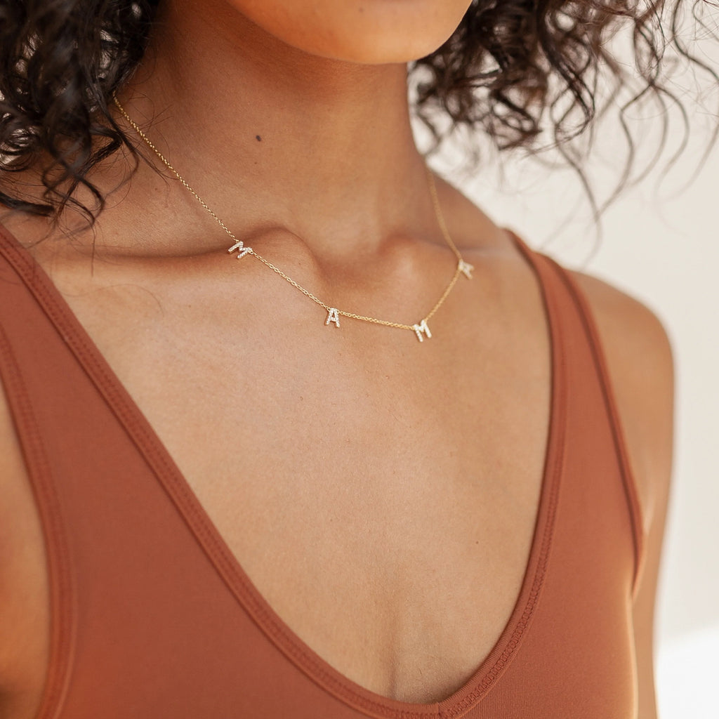 Pave Mama Letter Necklace Silver 18K Gold Plated