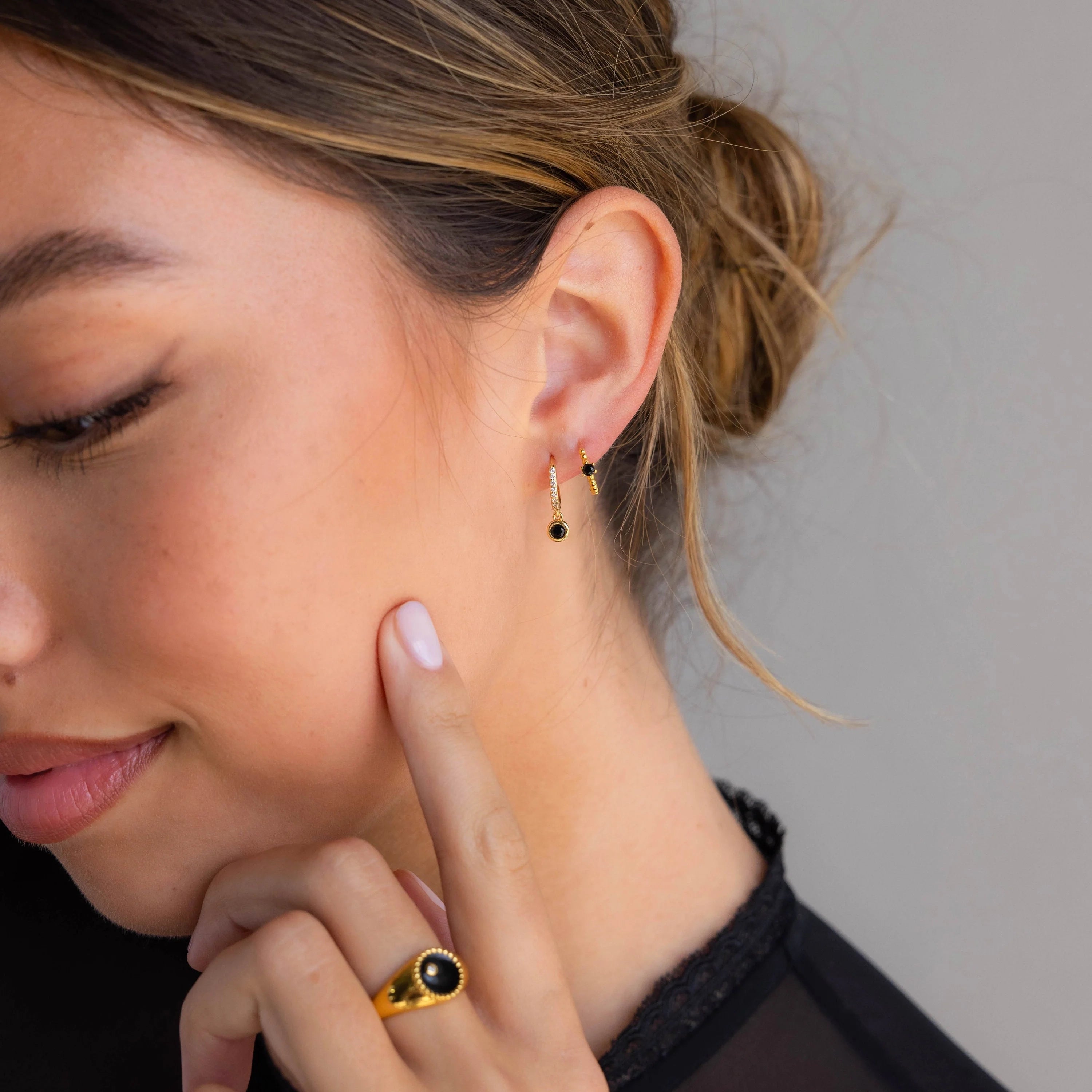 Onyx Beaded Huggies Silver 18K Gold Plated