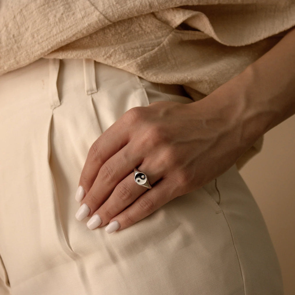 Yin Yang Signet Ring Silver 18K Gold Plated