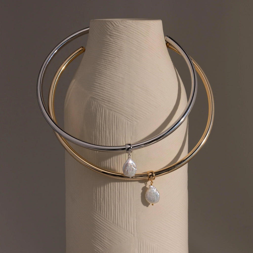Pearl Cuff Choker Necklace Silver 18K Gold Plated