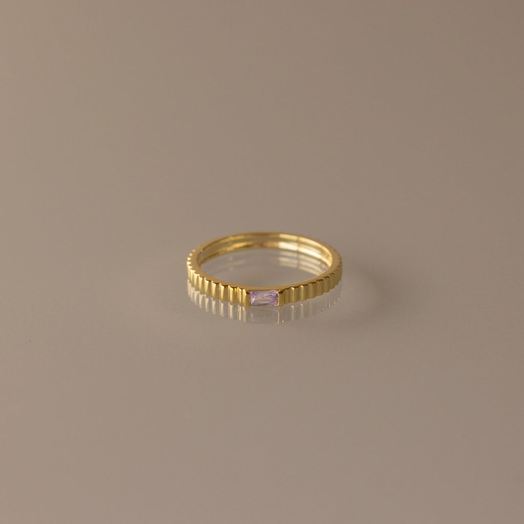 Dainty Ribbed Birthstone Ring Silver 18K Gold Plated