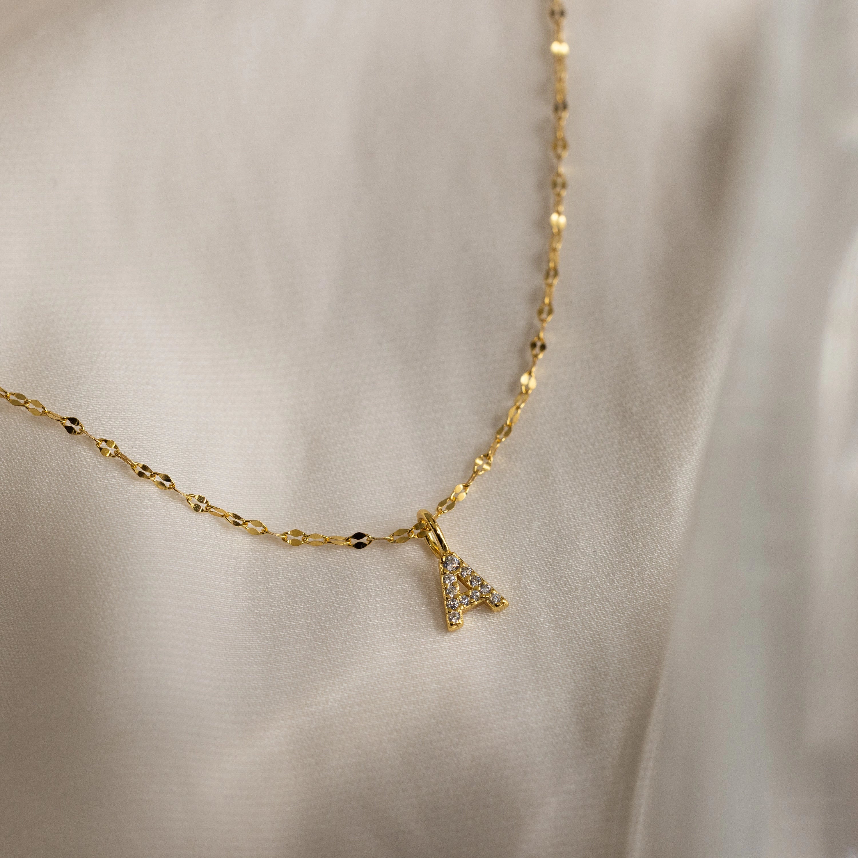Dainty Pave Letter Necklace Silver 18K Gold Plated