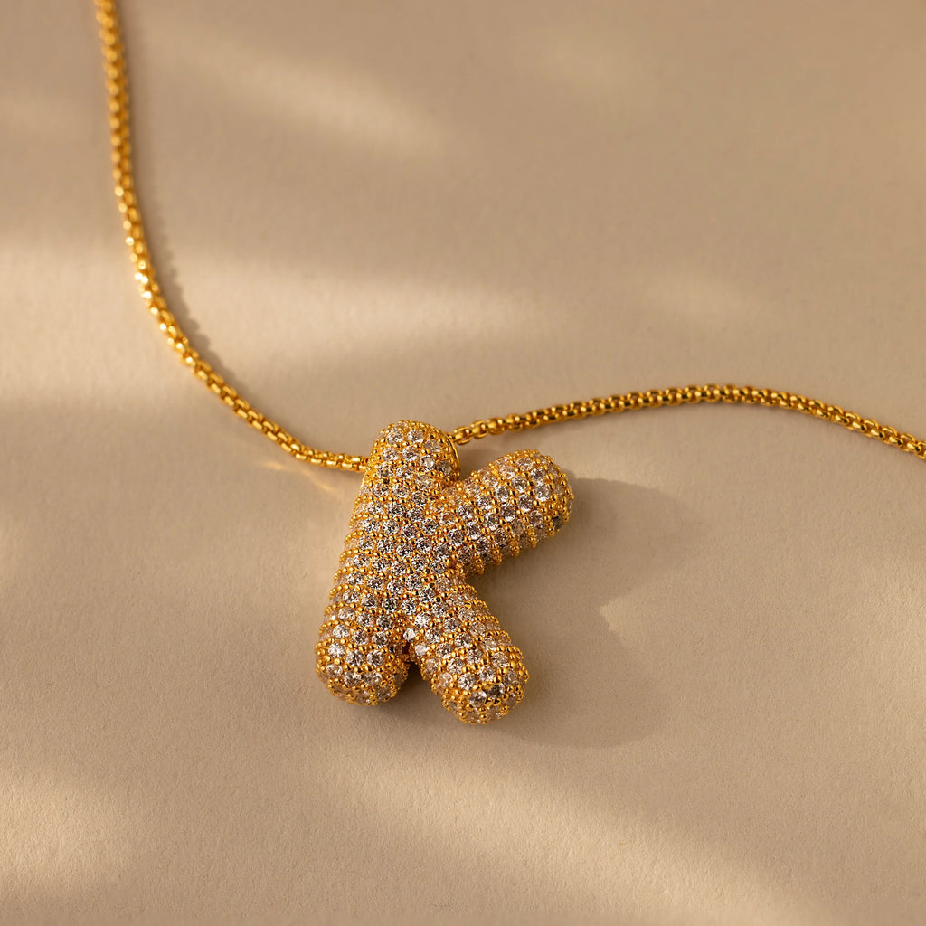 Pave Puff Letter Necklace Silver 18K Gold Plated