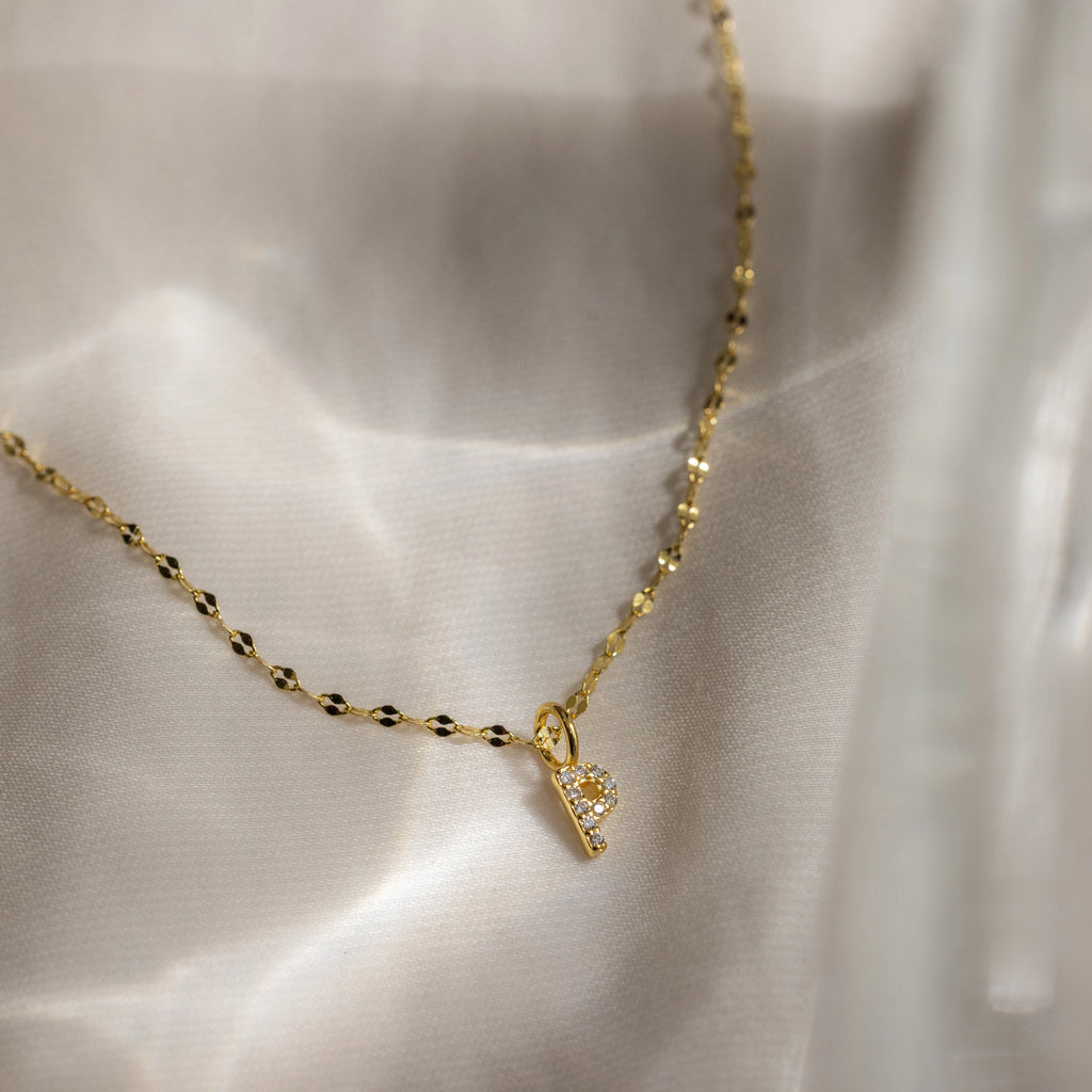 Dainty Pave Letter Necklace Silver 18K Gold Plated