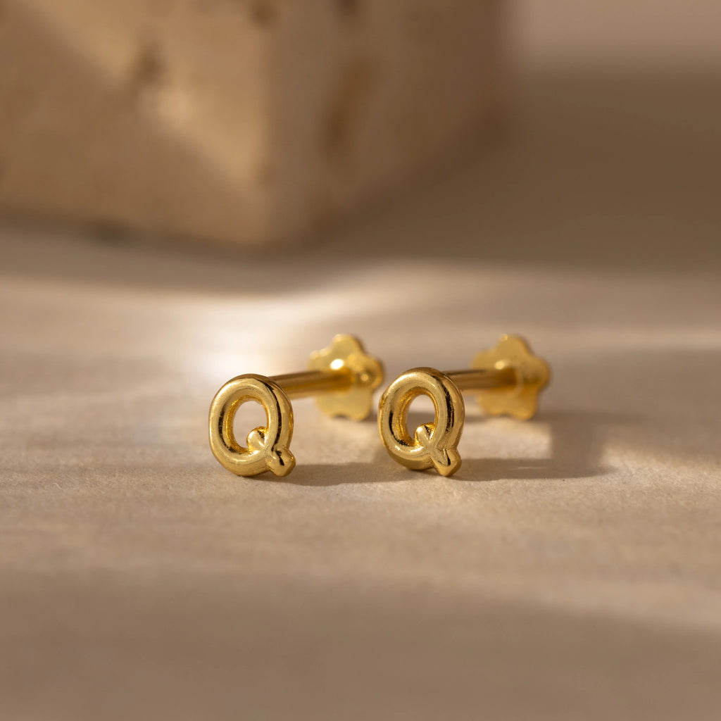 Bubble Initial Flatback Studs Silver 18K Gold Plated
