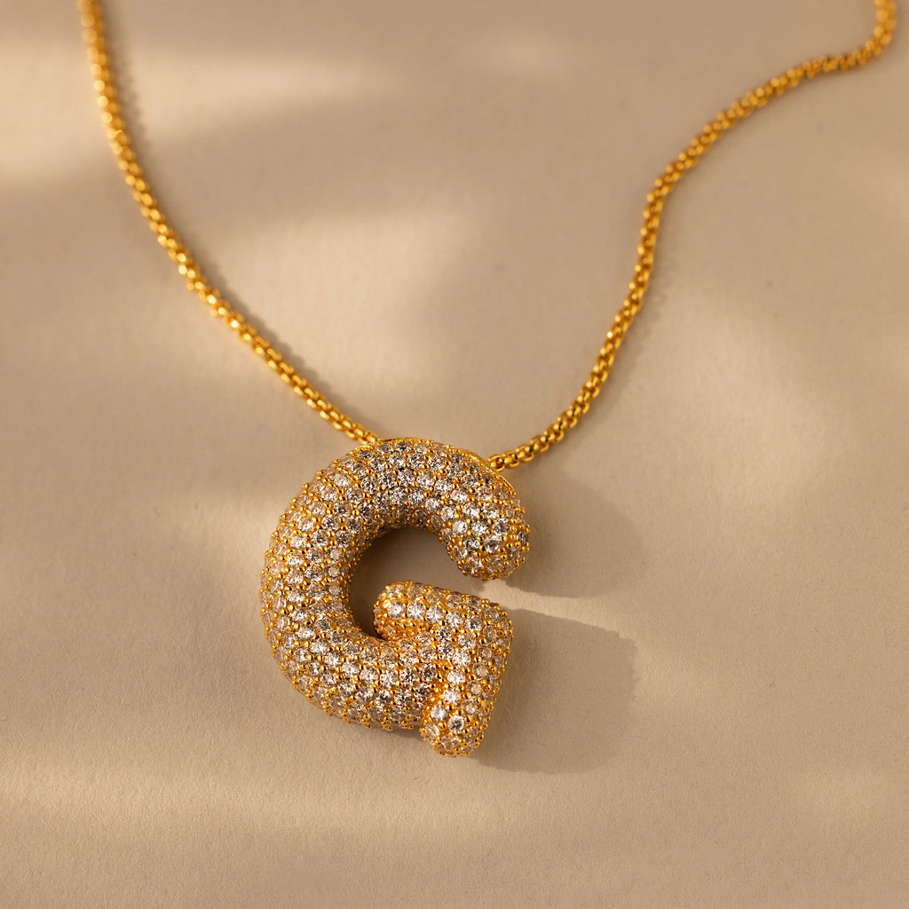Pave Puff Letter Necklace Silver 18K Gold Plated