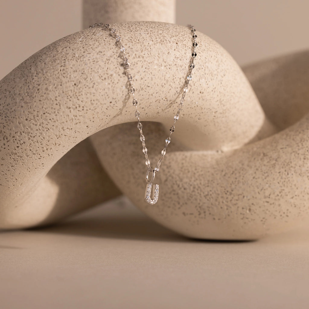 Dainty Pave Letter Necklace Silver 18K Gold Plated