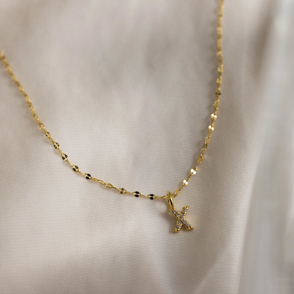 Dainty Pave Letter Necklace Silver 18K Gold Plated