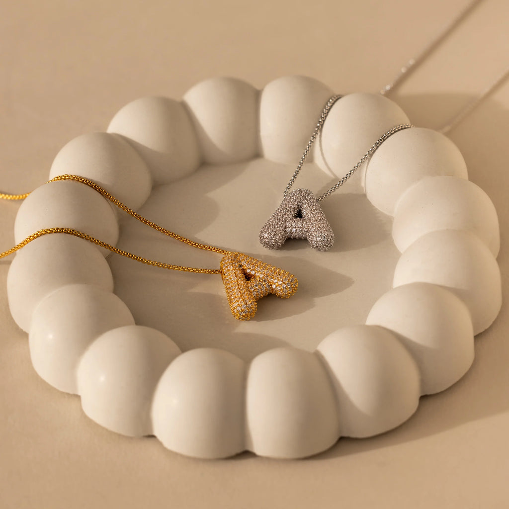 Pave Puff Letter Necklace Silver 18K Gold Plated