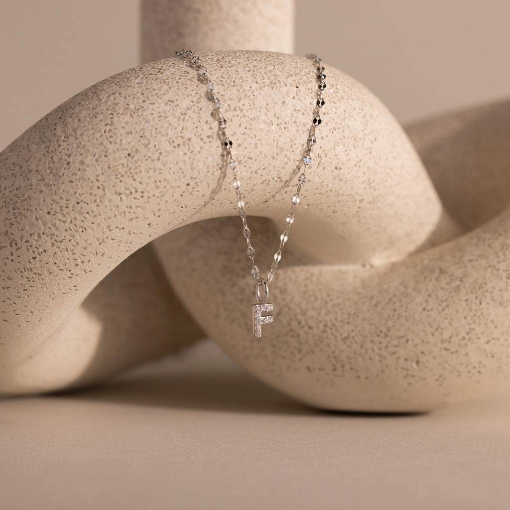 Dainty Pave Letter Necklace Silver 18K Gold Plated