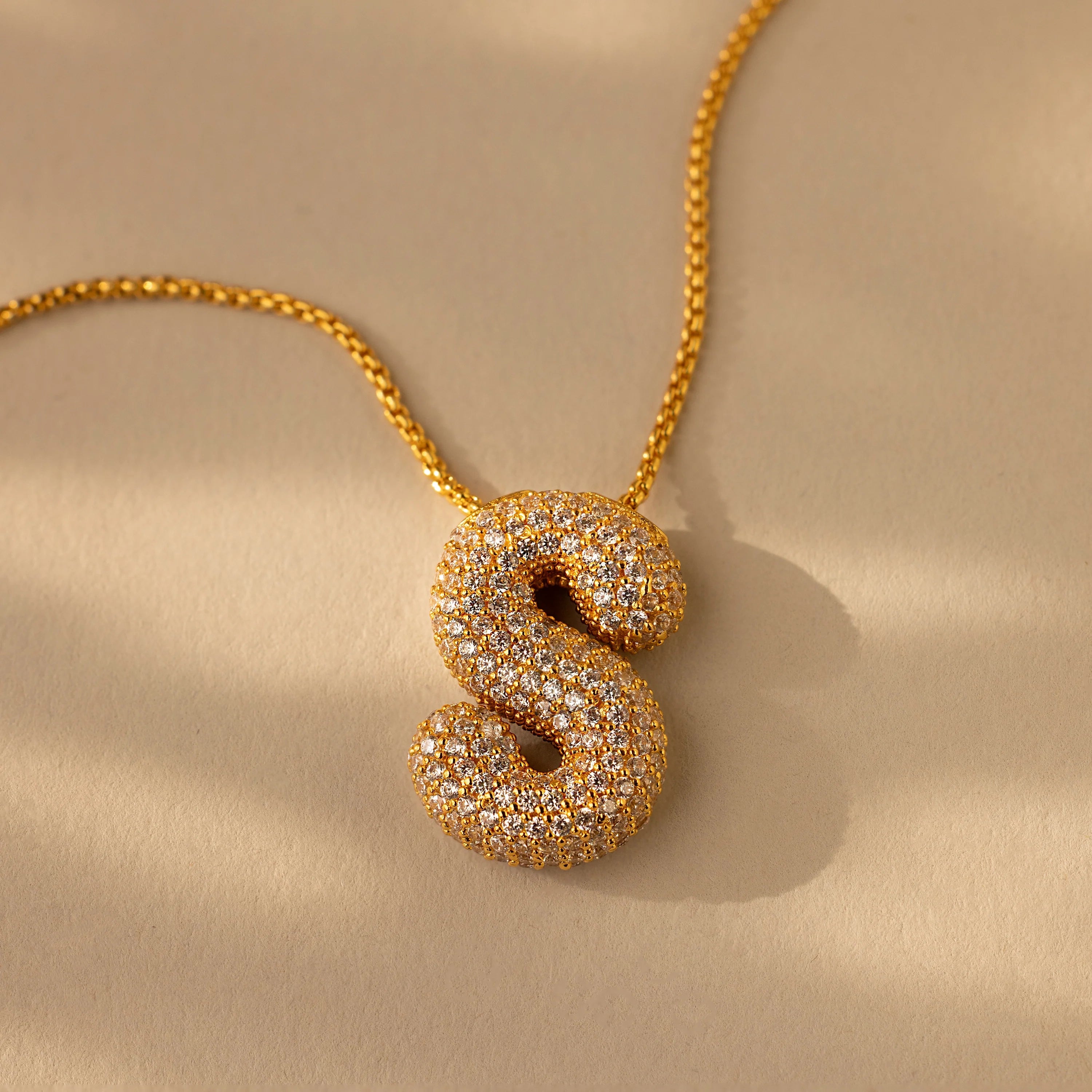 Pave Puff Letter Necklace Silver 18K Gold Plated
