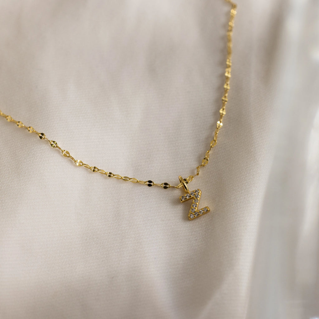 Dainty Pave Letter Necklace Silver 18K Gold Plated
