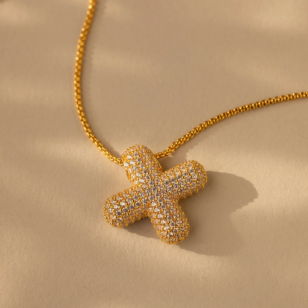 Pave Puff Letter Necklace Silver 18K Gold Plated