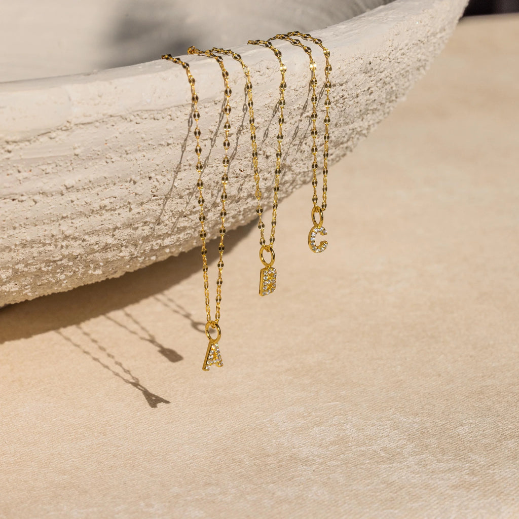 Dainty Pave Letter Necklace Silver 18K Gold Plated