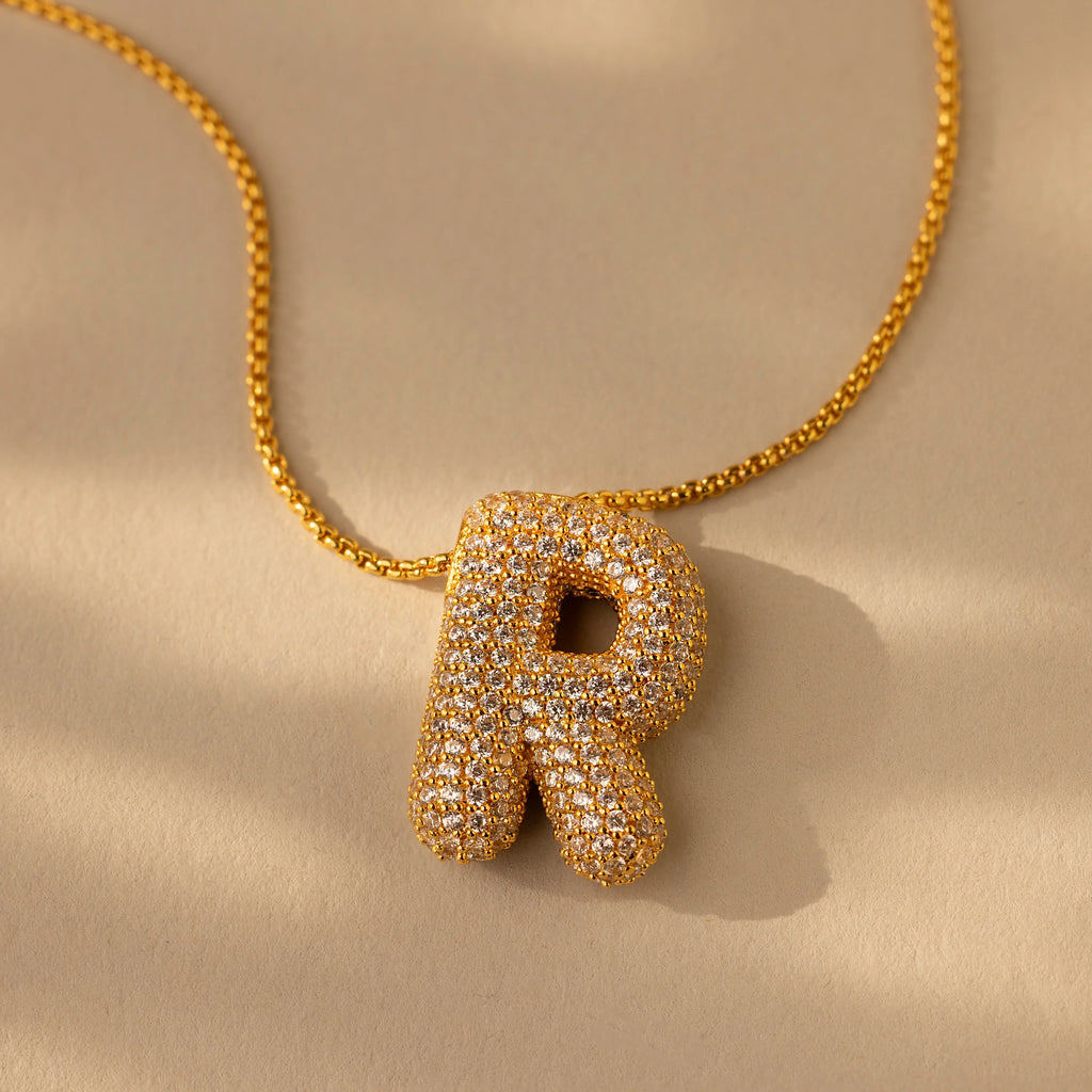 Pave Puff Letter Necklace Silver 18K Gold Plated