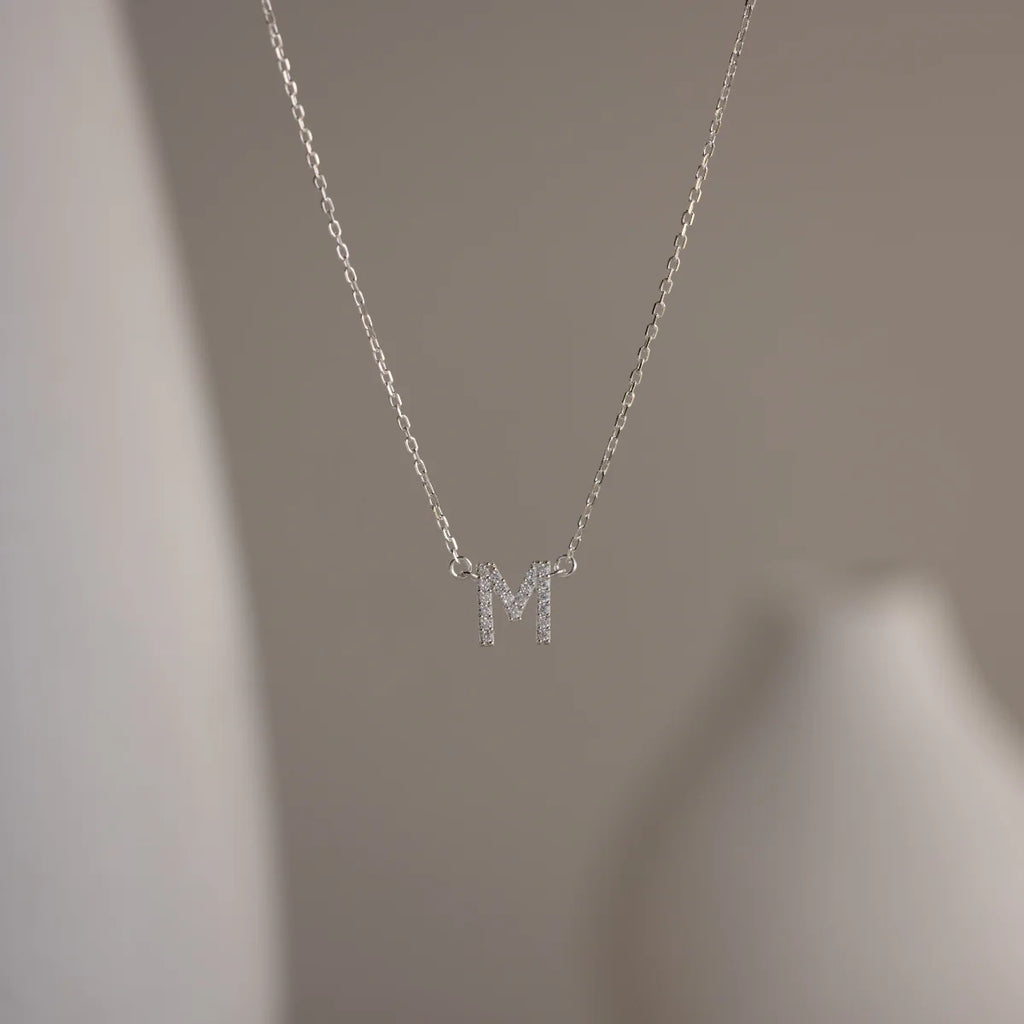 Pave Initial Necklace Silver 18K Gold Plated
