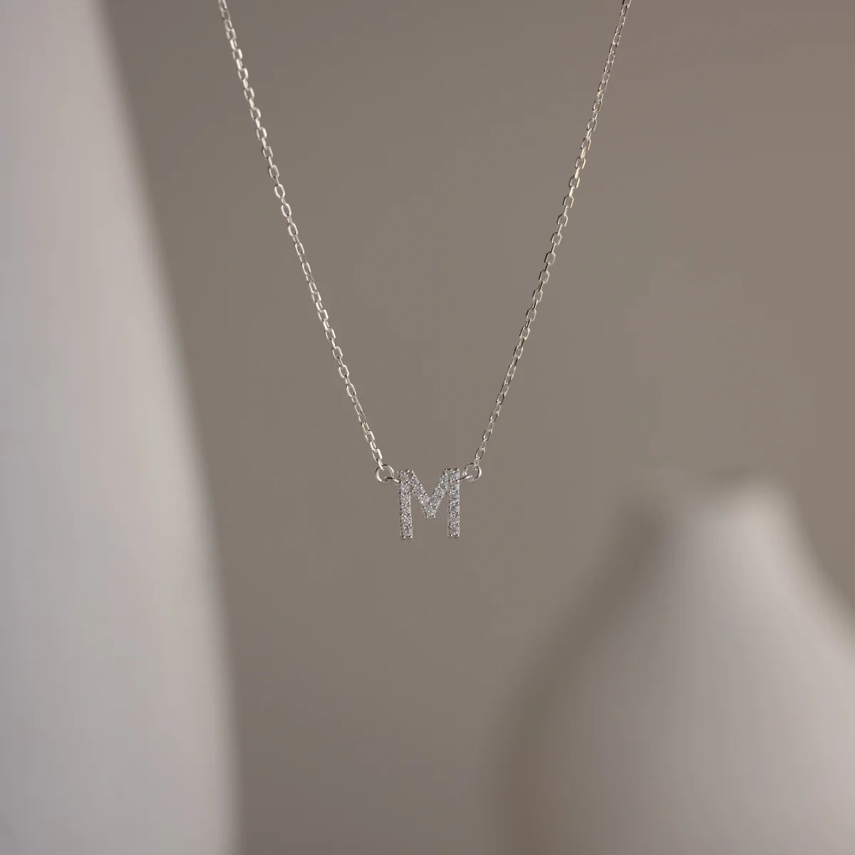 Pave Initial Necklace Silver 18K Gold Plated