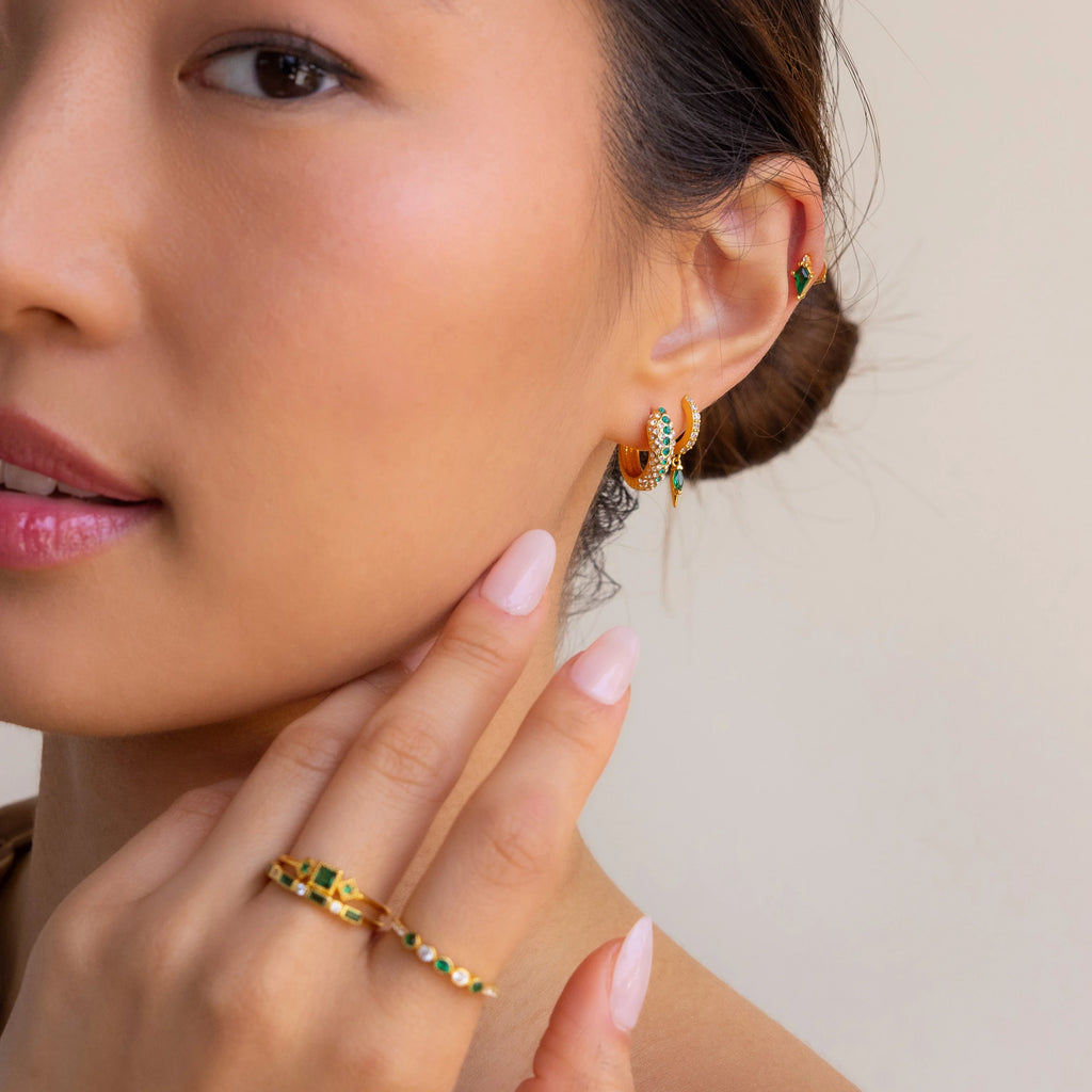Emerald Pave Snake Hoops Silver 18K Gold Plated