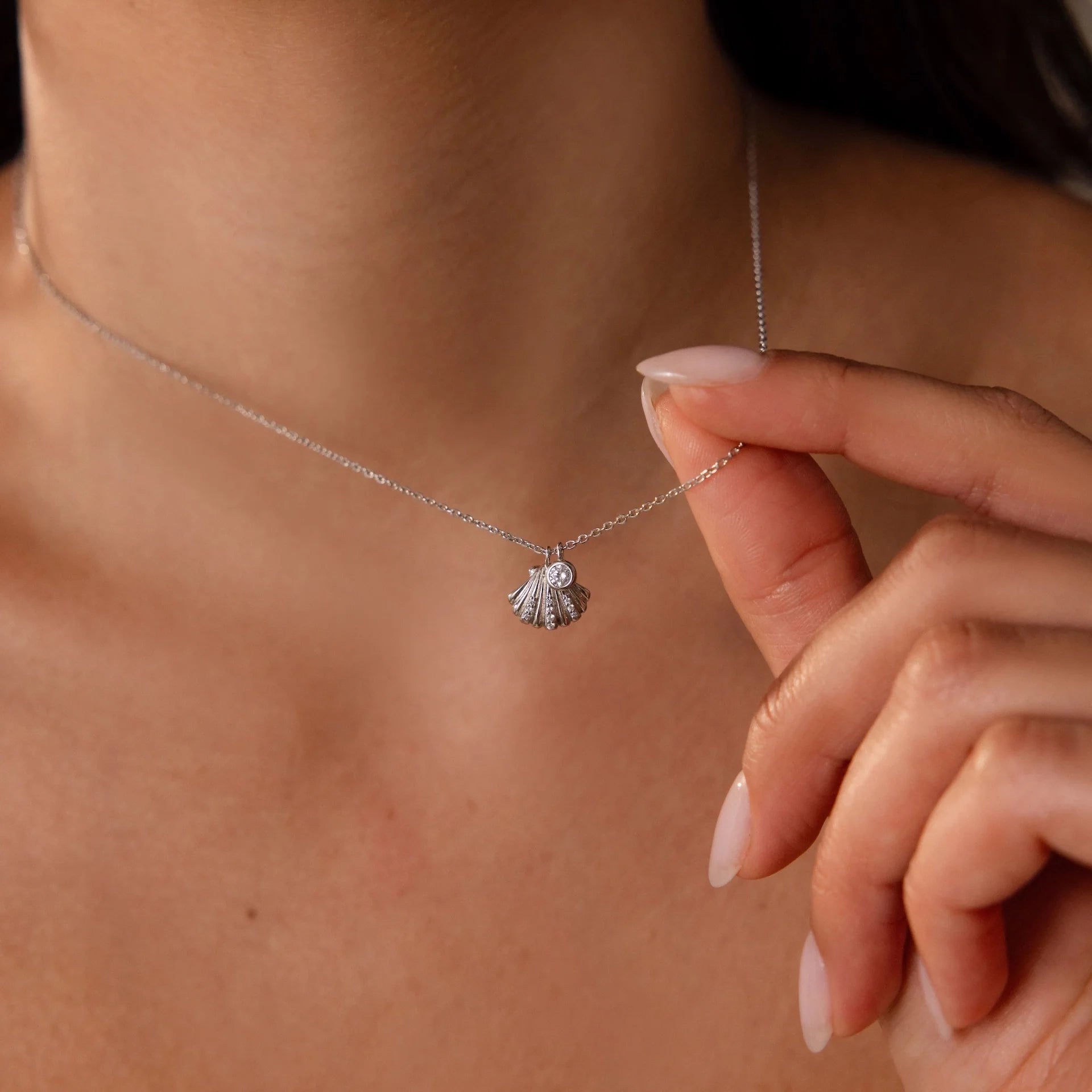 Diamond Seashell Charm Necklace Silver 18K Gold Plated
