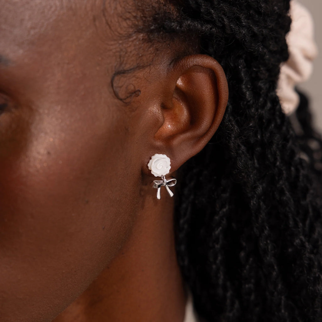 Pearl Rose Ribbon Studs Silver 18K Gold Plated
