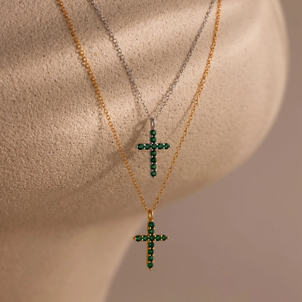 Emerald Pave Cross Necklace Silver 18K Gold Plated
