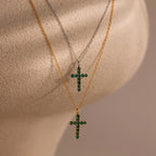 Emerald Pave Cross Necklace Silver 18K Gold Plated