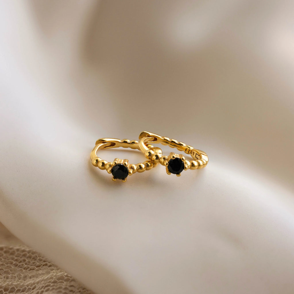 Onyx Beaded Huggies Silver 18K Gold Plated