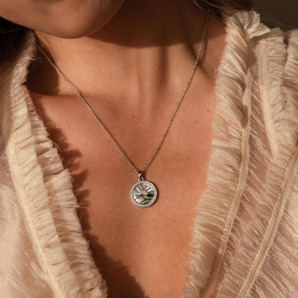 Diamond Pearl Sunrise Pendant Necklace Silver 18K Gold Plated