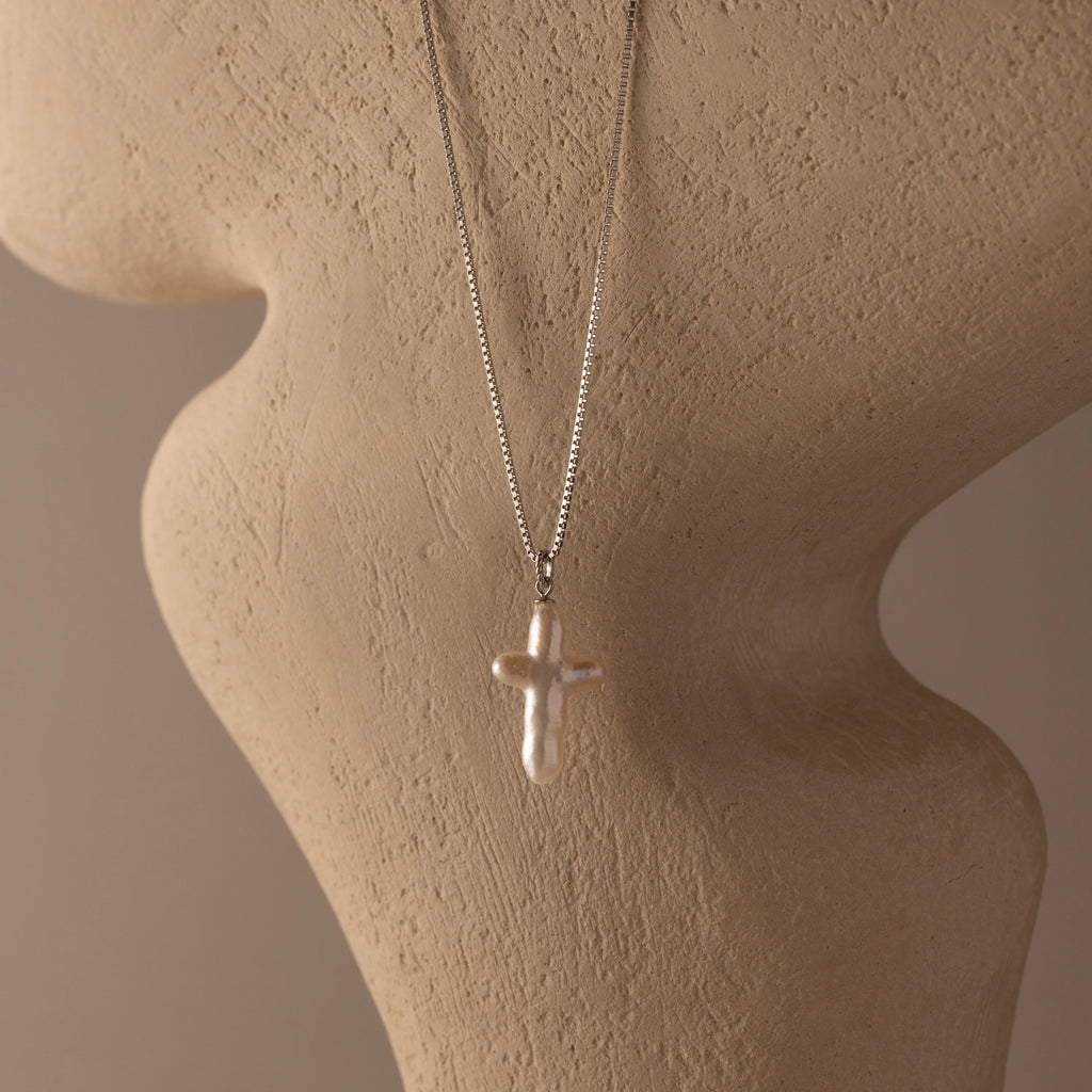 Baroque Pearl Cross Necklace Silver 18K Gold Plated